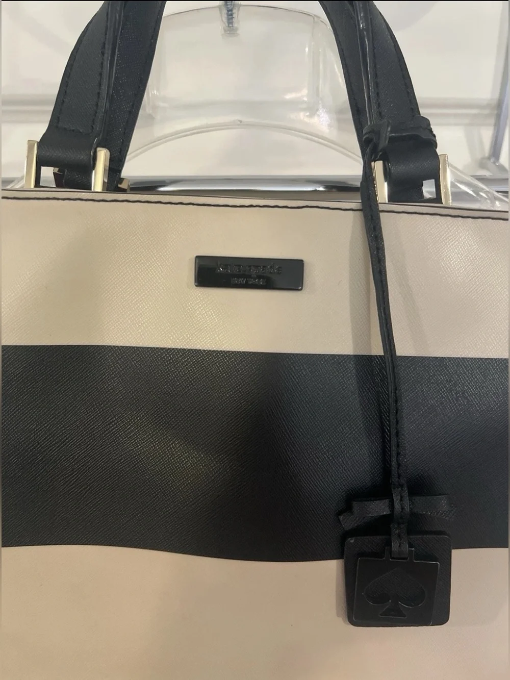 kate spade Black and Cream Striped Tote with Top Handles